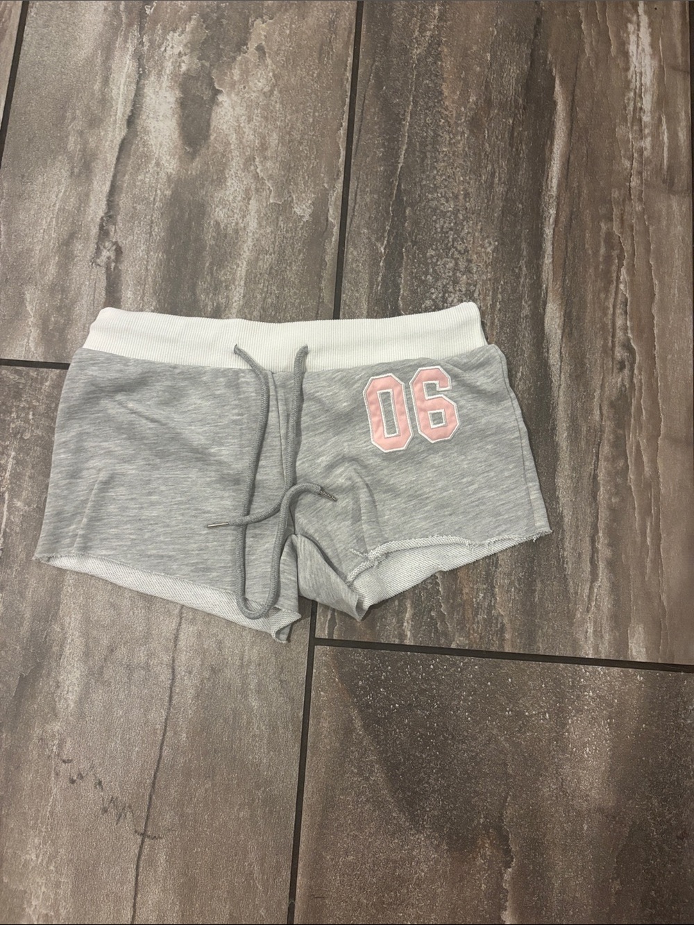 Edikted Gray Lounge Shorts with Pink '06' Applique